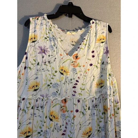 Linda Anderson Dress Womens L White Floral V Neck Tiered Swing Midi Sundress - Picture 11 of 14
